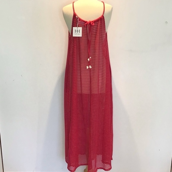 Haute Hippie Magenta Mesh Knit Drawstring Halter Neck Maxi Dress Coverup XL NWT - Picture 4 of 8